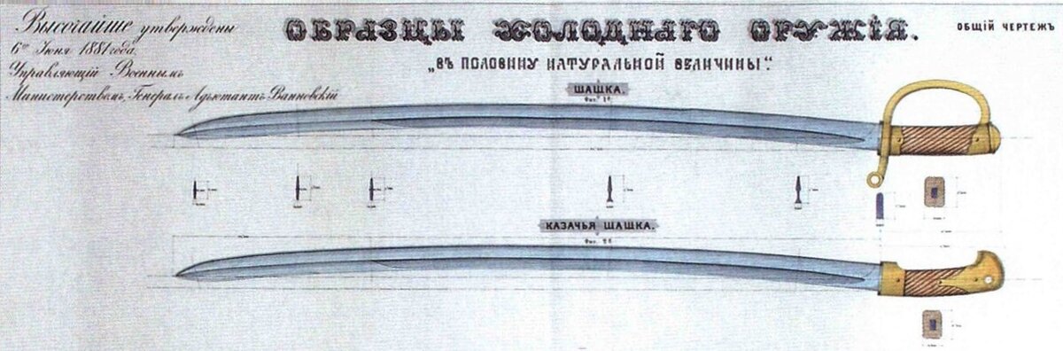 Высочайше утвержденный чертеж "шашки" и "казачьей шашки" обр. 1881 г.