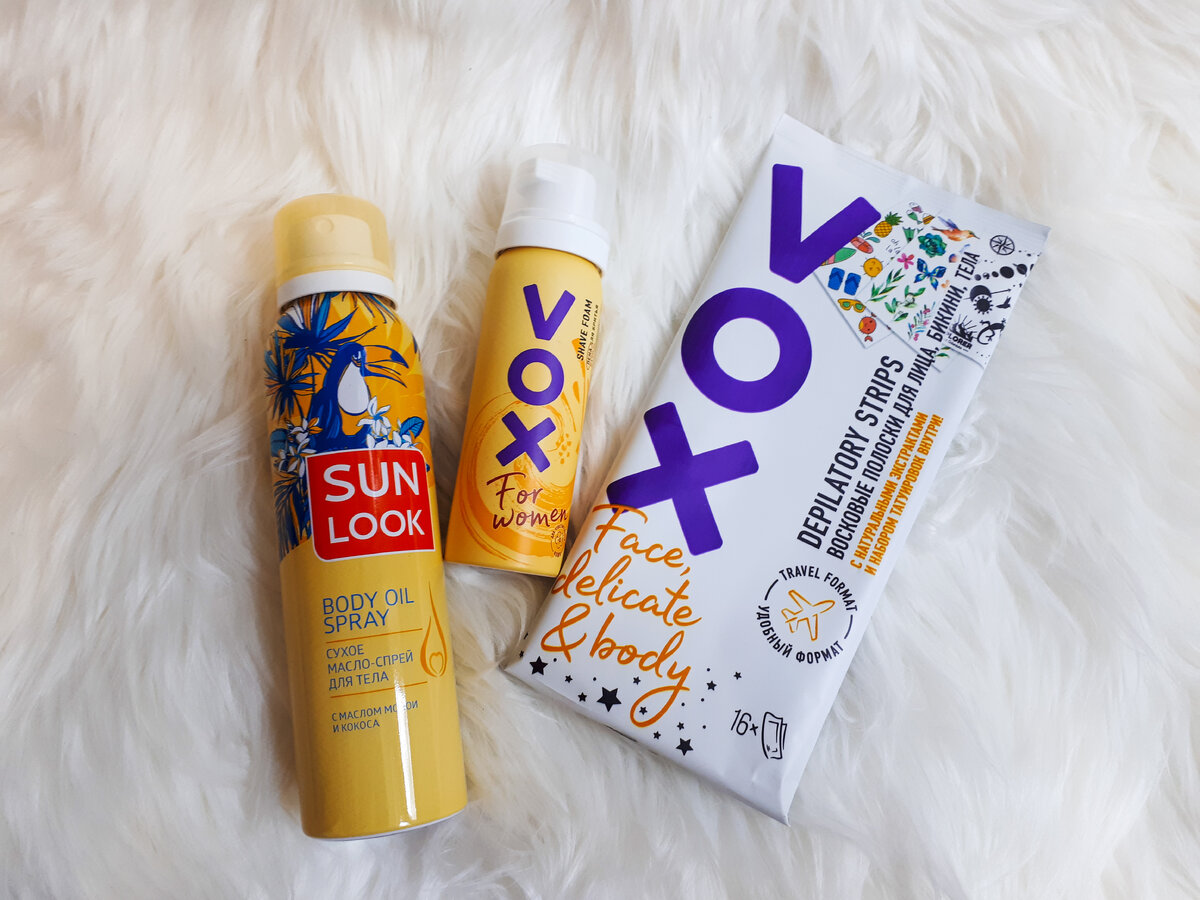 Сухое масло-спрей Sun Look, пена для блитья и восковые полоски Vox