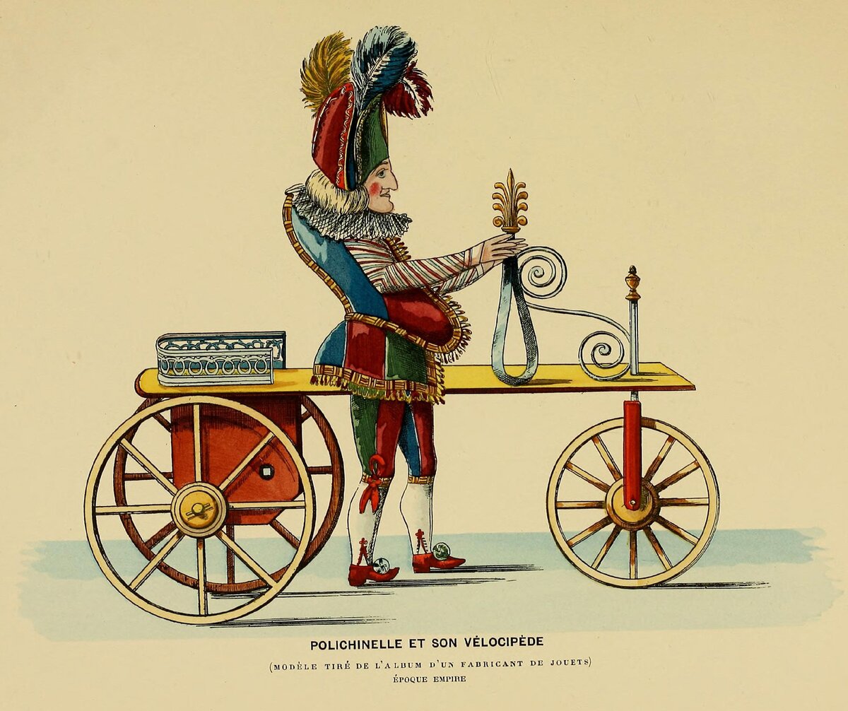 Полишинель и его велосипед. Гравюра 19 века