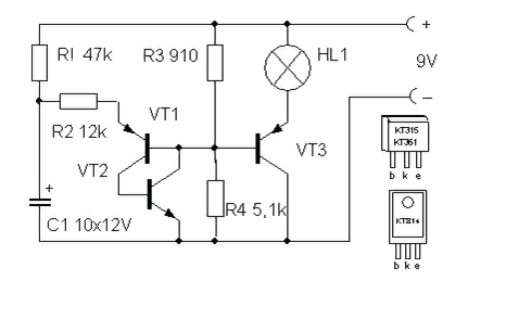 Схемы на транзисторах для начинающих радиолюбителей. Схемы электронных самоделок для начинающих радиолюбителей. Схема фонарь мигалка. Электрическая схема электронного устройства.