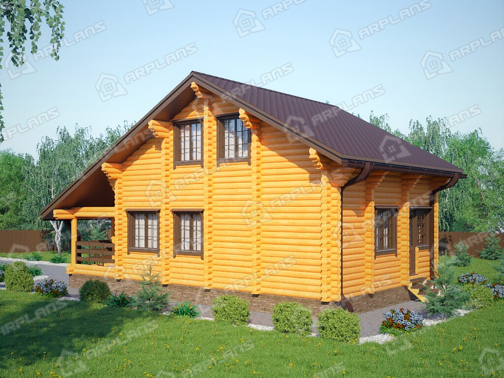 Фото 2 деревянного двухэтажного дома из бревна с мансардой, 2 спальнями и террасой. Общая площадь 117 кв м. Источник arplans.ru Проект ДО-153