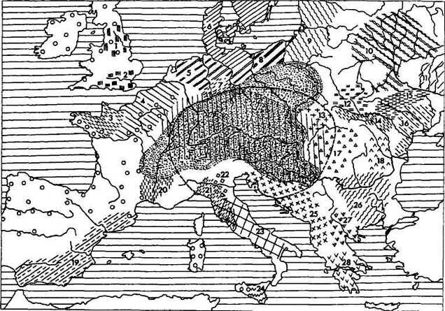 Археологические культуры на карте: 1 — Фуд-Вессель; 2 — Уэсэкс; 3 — бретонская; 4 — Сены-Уазы-Марны; 5 — нордийская-пошерзонская; 6 — нордийская-шишлейская; 7 — унструцкая; 8 — гробовско-смердовская; 9 — балтийская; 10 — сосницкая; 11 — бондарихинская; 12 — тшинецкая; 13 — станово-фельшесечская; 14 — комаровская; 15 — белогрудовская; 16 — сабатиновская; 17 — отоманская или фюзешабонская; 18 — монтеору; 19 — Эль-Аргар; 20 — Роны; 21 — протовилланова; 22 — террамар (ранняя стадия); 23 — апеннинская; 24 — кастелучьо; 25 — древности Адриатики (раннелибурнская, раннеяподская, среднедалматинская, среднебоснийская, южнодалматинская, глазинацкая, гайтан-матеская, деволлская); 26 — инкрустированной керамики; 27 — позднемакедонская; 28 — позднеэлладская.
Источник: https://historylib.org/historybooks/V--V--Sedov_Slavyane--Istoriko-arkheologicheskoe-issledovanie/6
