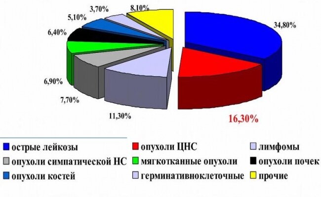 Сравнительная частота различных опухолей у детей (по данным МЗ РФ)