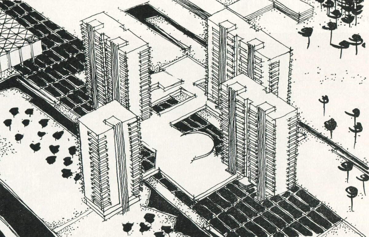 Проект микрорайона. Рисунок из журнала "Строительство и архитектура Москвы", №1, 1968.
