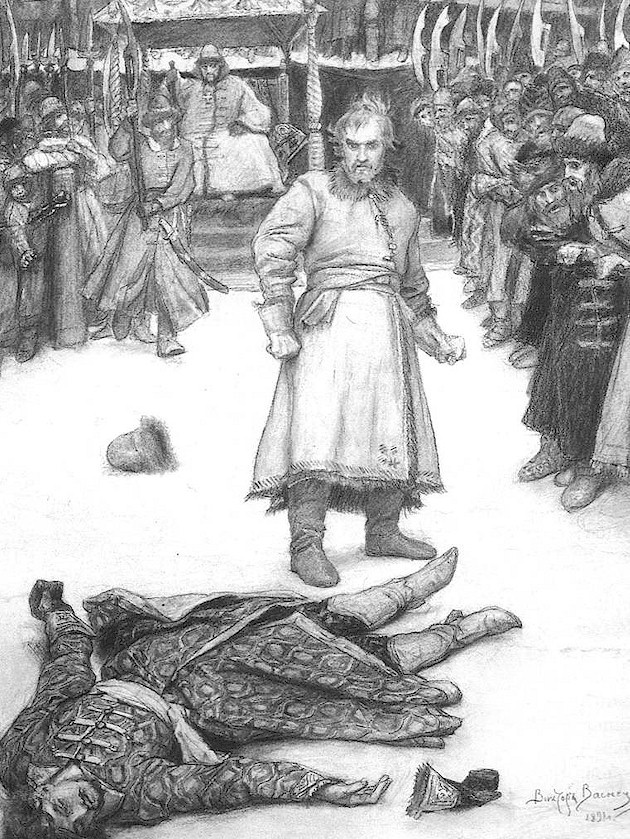 Результат "божьего суда" - судного кулачного боя. Иллюстрация В. Васнецова к "Песне о Купце Калашникове"