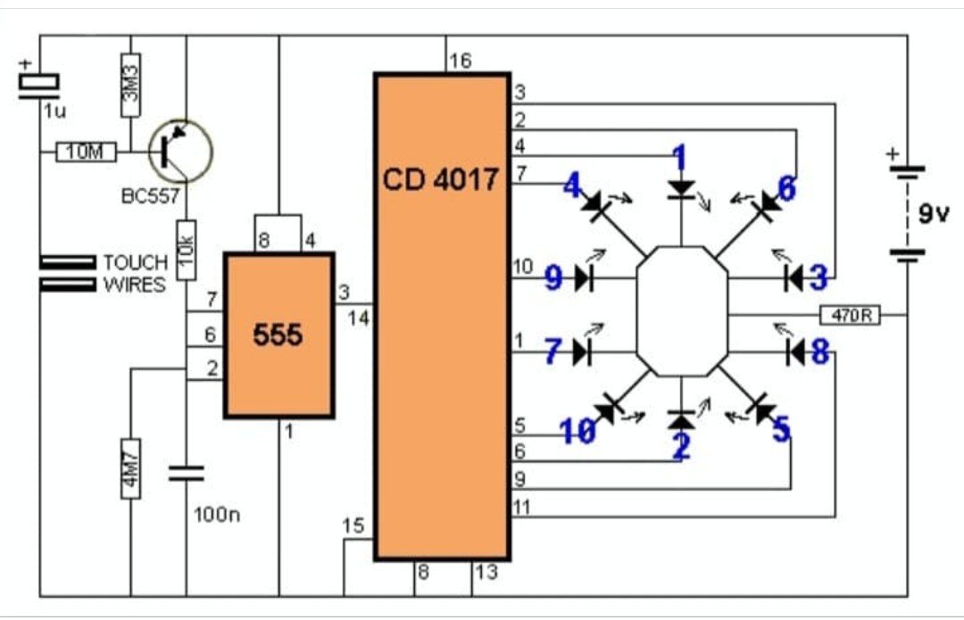 Электронные игры схемы. Схема бегущие огни на 555 таймере. 4017 Стробоскоп схема. Бегущие огни на 555 таймере. Бегущий огонек на 555 таймере.