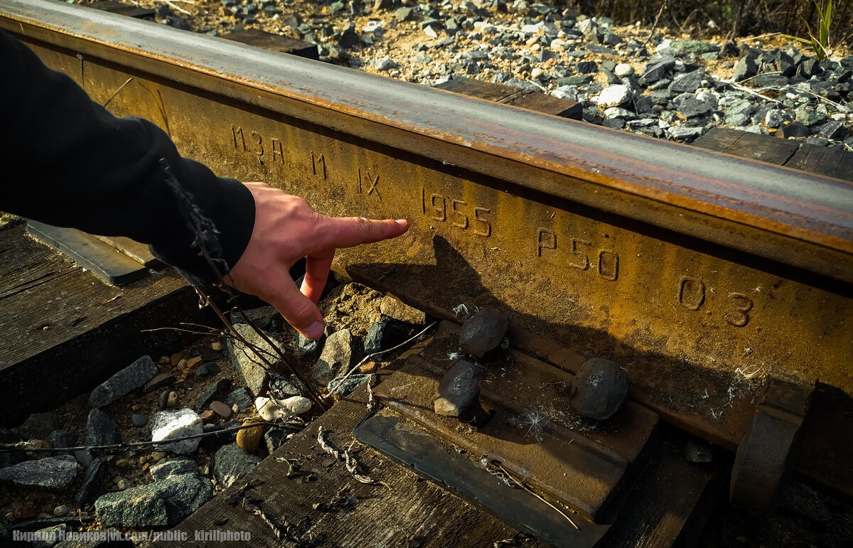 Рельсы марки Р-50 1955 года выпуска. Р-50 обозначает  вес 1-го погонного метра -50 кг. На самом же деле это округлённая величина, по ГОСТУ она равна  51,67 кг