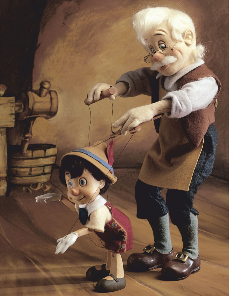"Geppetto & Pinocchio",  1994-5, Disney© Classics series, all felt, alpine maple, ht. 17", 
1976, limited edition 500.  © The Walt Disney Company