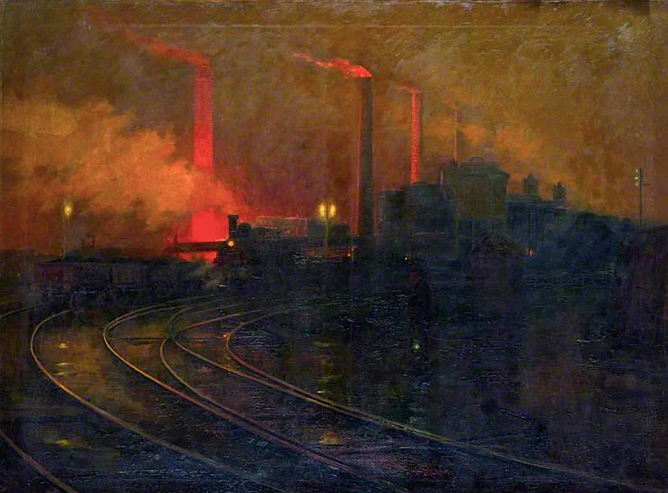 А с. 1896 г. Картина на холсте, масло, Сталелитейный завод, Кардифф, ночью, Лайонел Уолден (1862-1933). (Amgueddfa Cymru – Музей Уэльса)