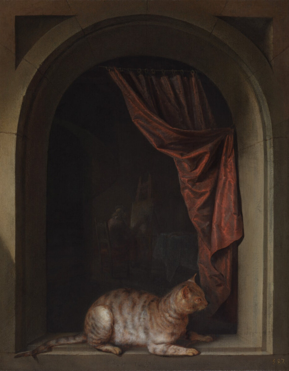 Геррит Доу (Нидерланды, 1613−1675). Кошка, лежащая на подоконнике мастерской художника. Дерево, масло.