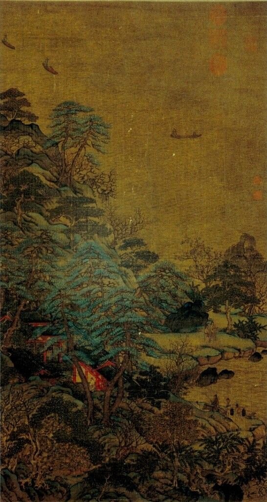 Ли Сысюнь. Плывущие лодки и дворец на берегу реки. 