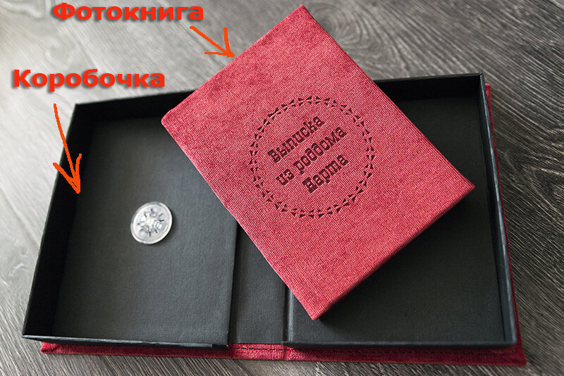 Пример фотокниги 10х15 с нанесённой на обложку лазерной гравировкой и коробочкой под книгу с креплением для диска.