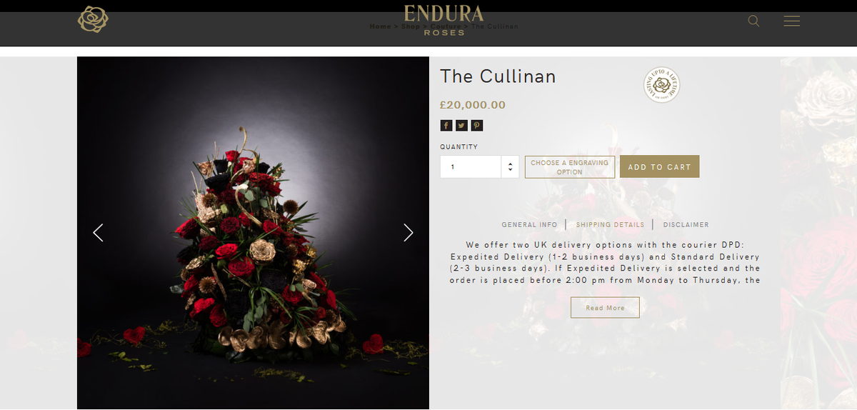 Позиция в интернет-магазине Endura Roses стоимостью 26 000$ получила название The Cullinan.