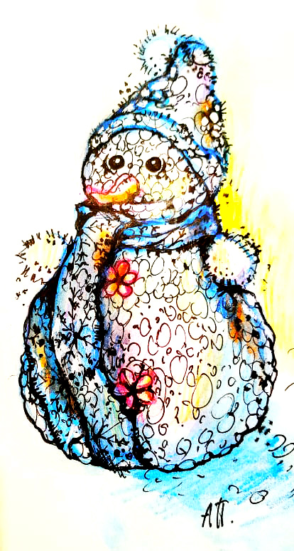 (с) Алена Подобед, "Карманный снеговик", бумага А5, акварельные карандаши, тушь