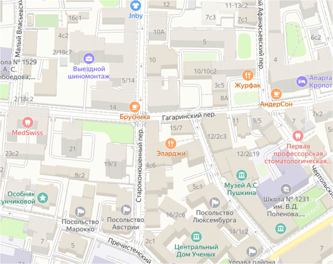 Угол Гагаринского и Староконюшенного переулков. Яндекс.Карты