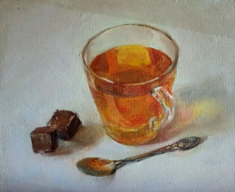Смирнова Оксана – Этюд с кружкой чая. 2017. Оргалит, масло.
