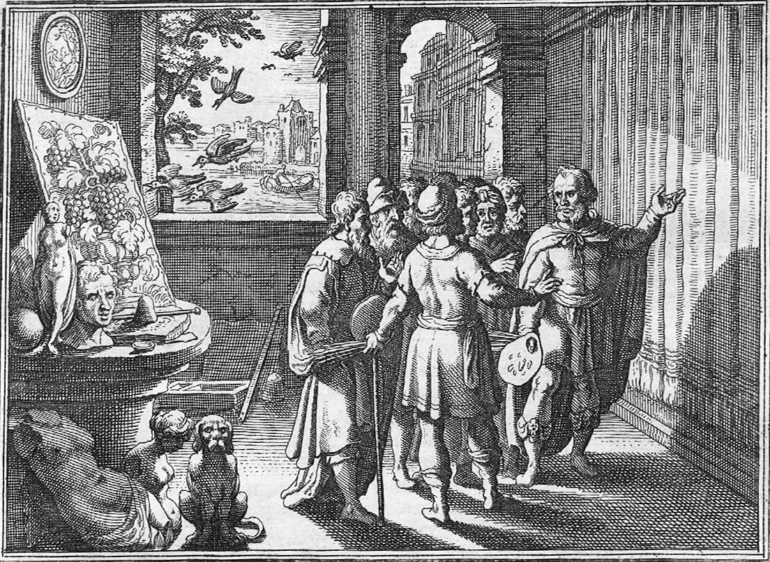 Турнир двух художников древней Греции. Паррасий нарисовал картину слева с кистями винограда, на которые летит птица. Зевксис нарисовал занавес справа.