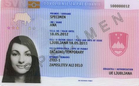 Так выглядит словенское разрешение на пребывание на основании работы.