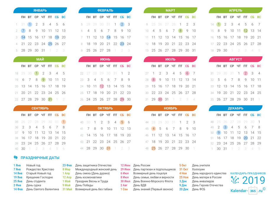 Календарь праздничных дней на 2019 год. Источник: Kalendar-365.ru