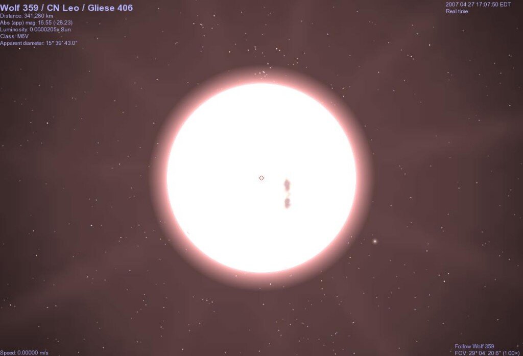 Звезда Вольф 359, смоделированная в программе Celestia