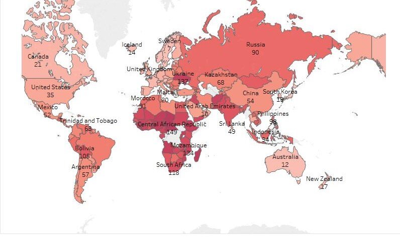 Визуализация рейтинга стран по уровню медицины, где светлым окрашены наиболее передовые, а тёмным наименее передовые. Цифра означает место в рейтинге из 149 позиций.  Россия, к сожалению, на 90-м.