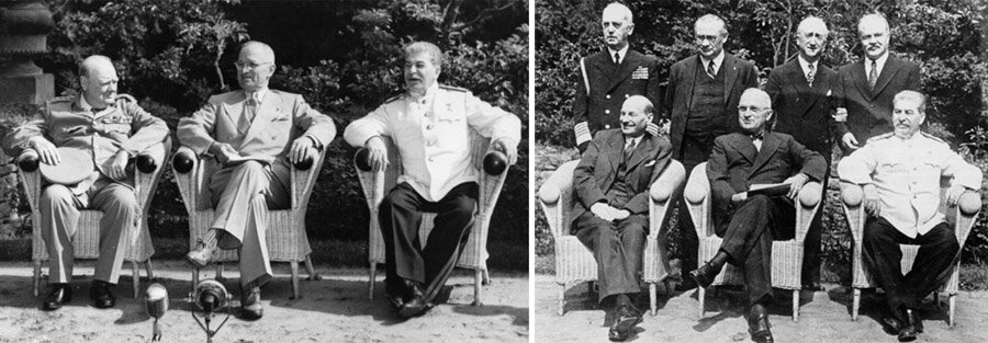 Фото слева - состав Большой Тройки до 25 июля 1945 года. Фото справа - обновлённый состав Большой тройки, без Черчилля, 28 июля 1945 года.