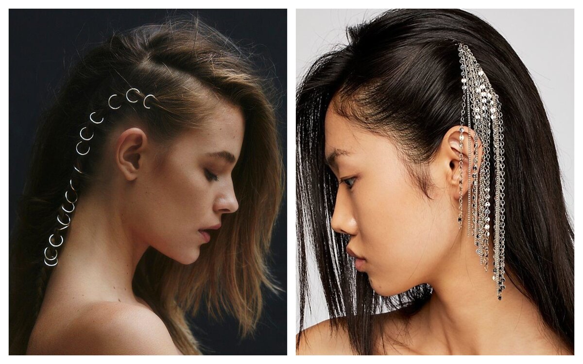 Даже из распущенных волос можно сделать интересную причёску. В данном случае, цепь не позволит выглядеть скучно и однообразно.