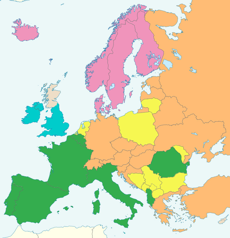 Группы романо-германского права в Европе:   Зелёным - Романское право (наполеоновское); Оранжевым - Германское право; Желтым - Дуализм романского и германского права; Розовым - Скандинавское право.