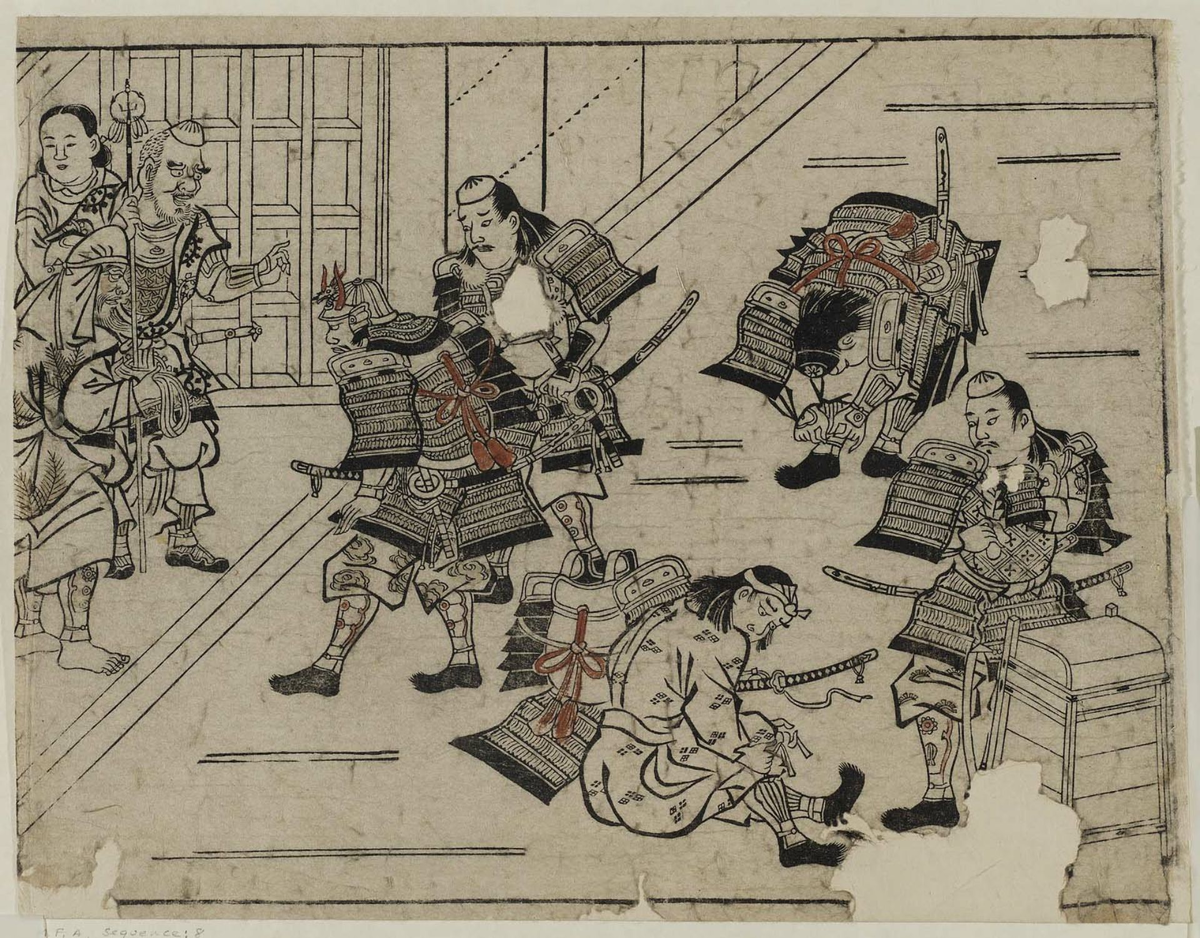 Artist:Hishikawa Moronobu Title:The Shutendoji story (5). Raiko and his followers don their armor to dispatch the drunken Shutendoji
Date:1680