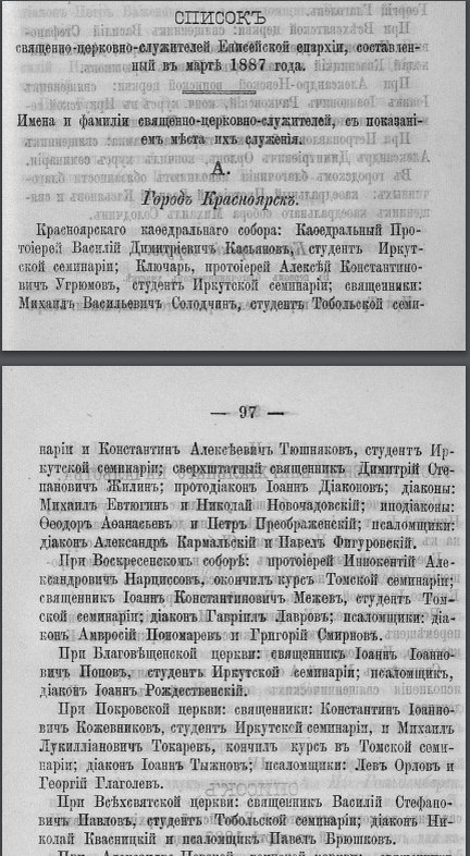 Список священнослужителей Енисейской епархии, 1887 год.
