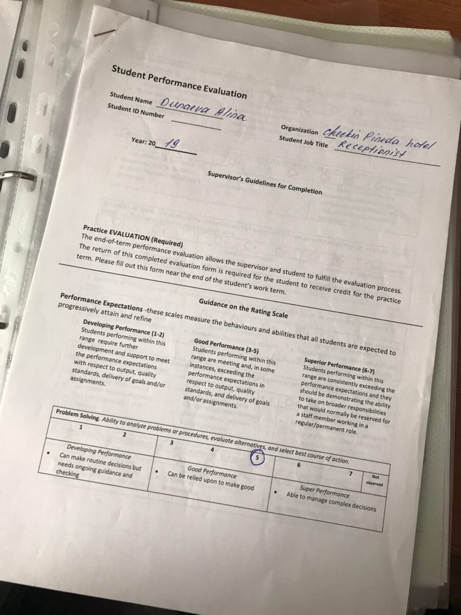 Оценочный лист после успешной практики в Испании в 2019. Все на высший бал:)