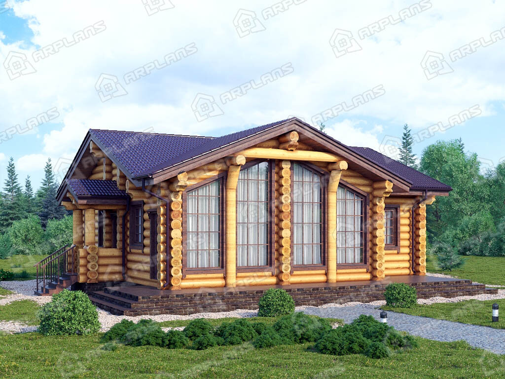 Фото 1 одноэтажного деревянного дома из бревна с 3 спальнями, газовой котельной и террасой. 120 кв м. Источник arplans.ru Проект ДО-106