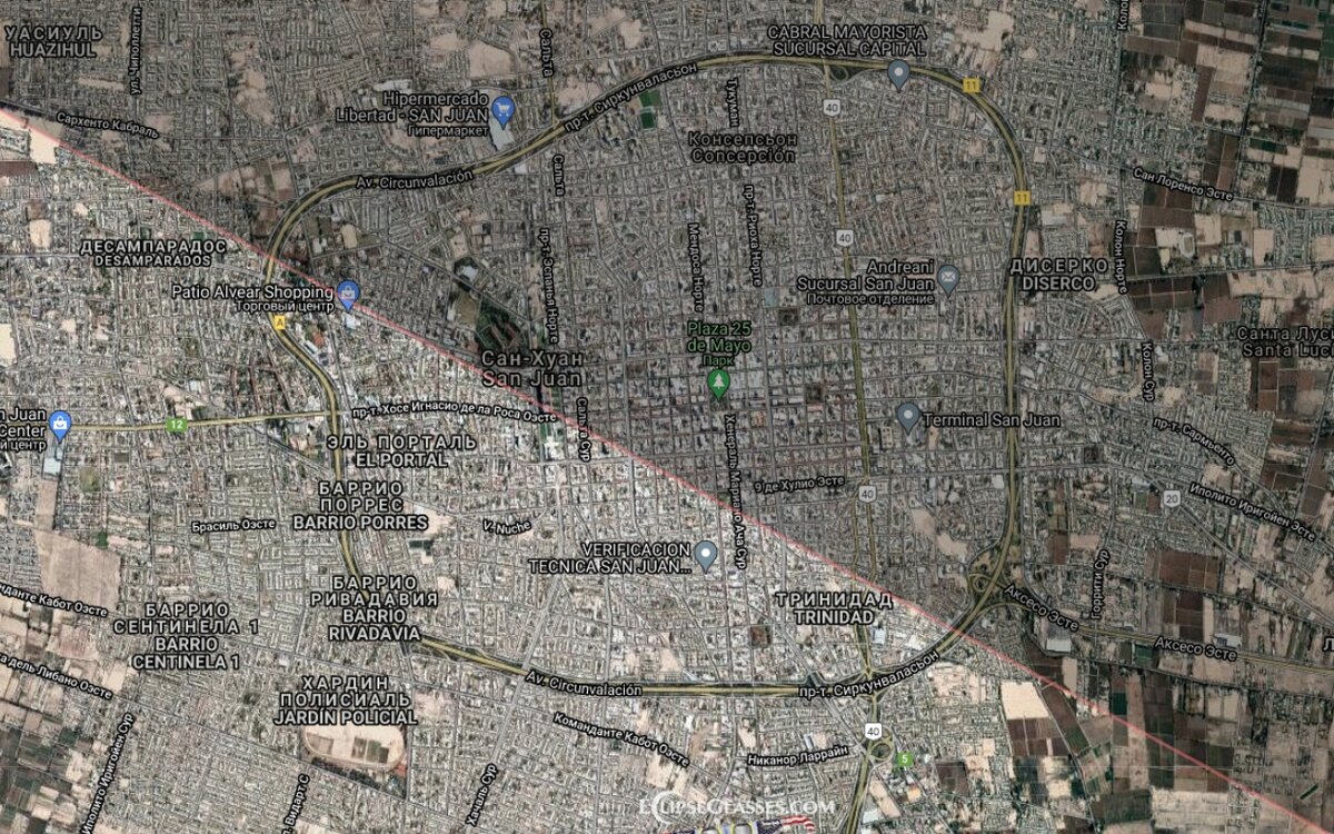  Видимость полной фазы солнечного затмения 2 июля 2019 года в г. Сан-Хуан, на основе карт Google (Хвтор Хавьер Юбе)