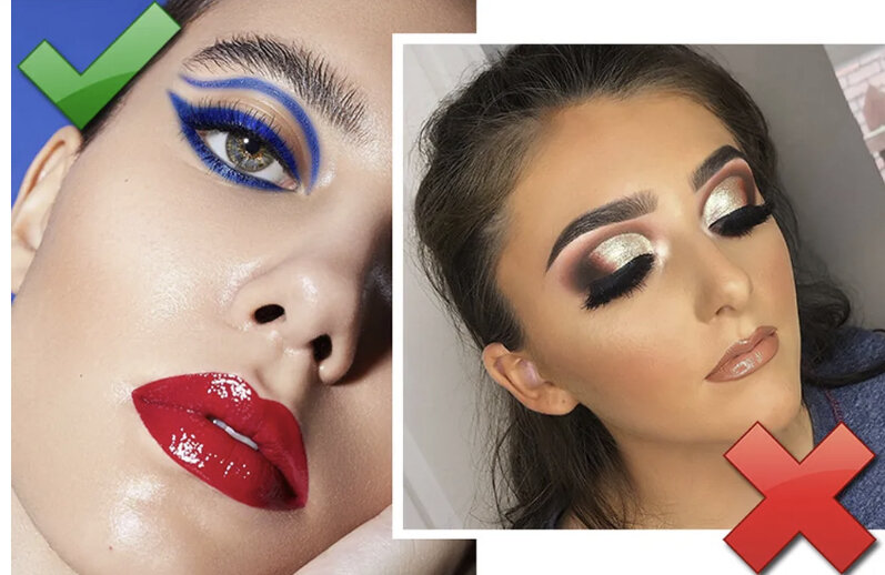 Здесь есть тонкая грань между модным и старомодным. Смелая графика сейчас на пике! Четкую и смелую стрелку начертить можно, а вот складочку тенями - нельзя.