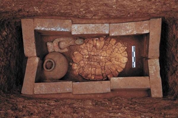 Скелет черепахи, найденный рядом с гробницей вдовствующей императрицы Бо.
Видны глиняная фигурка "смотрителя" и сосуд с пищей.
