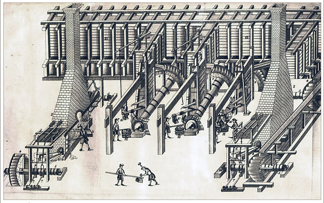 Молотовой цех уральского завода. Рис. из альбома И. А. Шлаттера 1760-е гг.