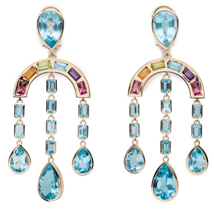"Радужные" серьги коллекции "После дождя" Золото с розовым турмалином, цитрином, перидотом, аметистом и голубым топазом