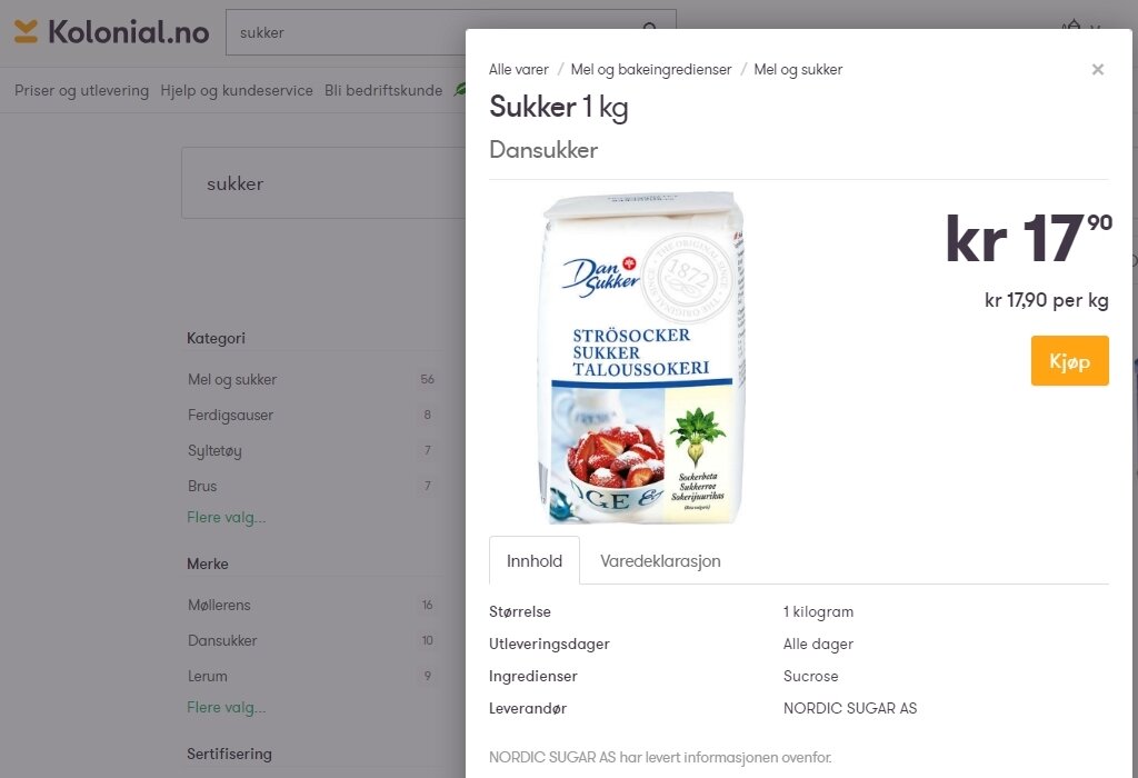 Скриншот из магазина kolonial.no