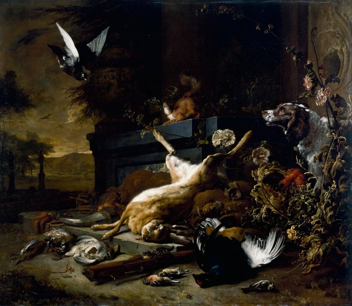 Ян Веникс. «Натюрморт с мёртвым зайцем, куропатками и другими птицами в нише».
