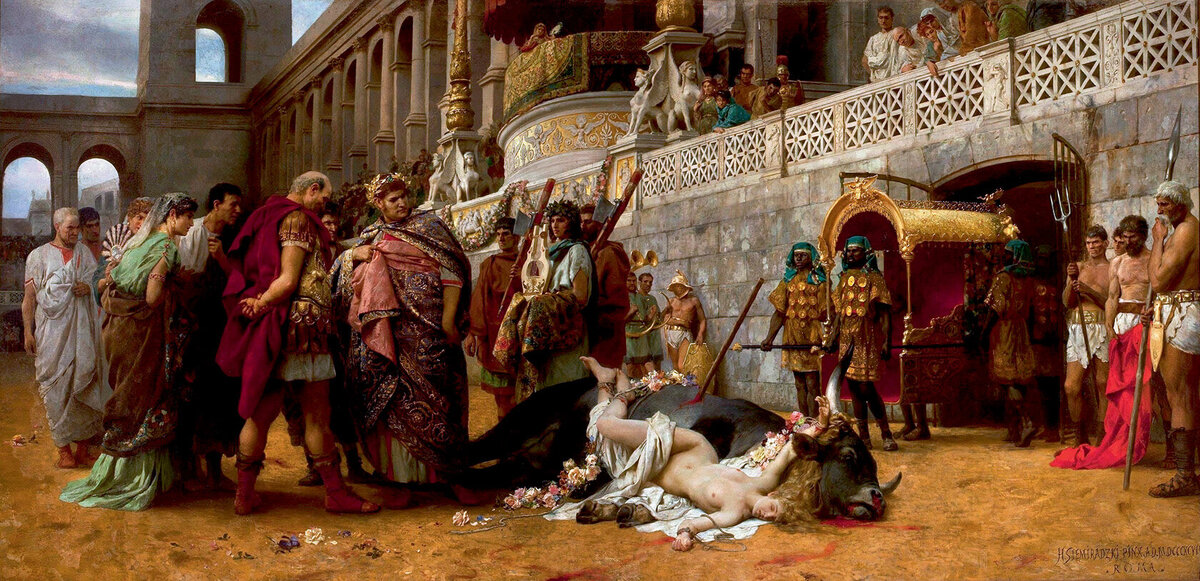 Нерон любуется замученной христианкой. Ее привязали к быку веревками, украшенными цветами, а волосами к его рогам. Гладиаторы гоняли этого быка по арене.