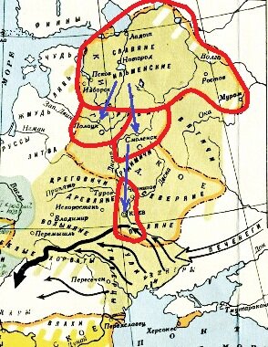 Красным цветом обозначены примерные границы владений основных группировок русов к середине 60-х годов 9-го века