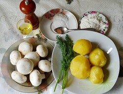 ШАГ 1:
Необходимые продукты. Кастрюлю с бульоном я не фотографировала. Картофель тщательно очищаем под проточной водой от грязи и отвариваем в отдельной кастрюле в мундирах в подсоленной воде в течение 20 минут. Как только картофель будет готов, остужаем его, очищаем от кожуры. Грибы также очищаем, тщательно моем их и зелень. Просеиваем муку.