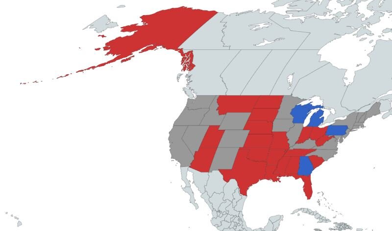 Красным выделены штаты поддержавшие иск, синим — штаты, в отношении которых был подан иск, серым — штаты, воздержавшиеся от оценок.
