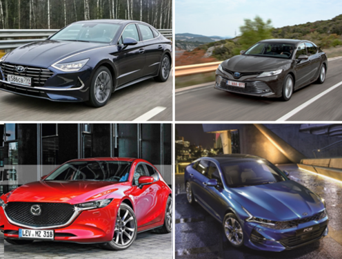 Экстерьер. Вид спереди. Верхний ряд - Toyota Camry,  Hyundai Sonata.  Нижний -  Mazda 6, KIA K5 