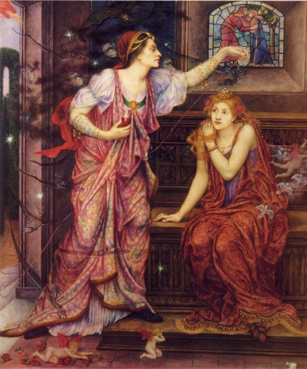 Queen Eleanor & Fair Rosamund by Evelyn de Morgan. Public domain via Wikimedia Commons.  Королева Алиенора и Прекрасная Розамунды, работа кисти Эвелин де Морган.