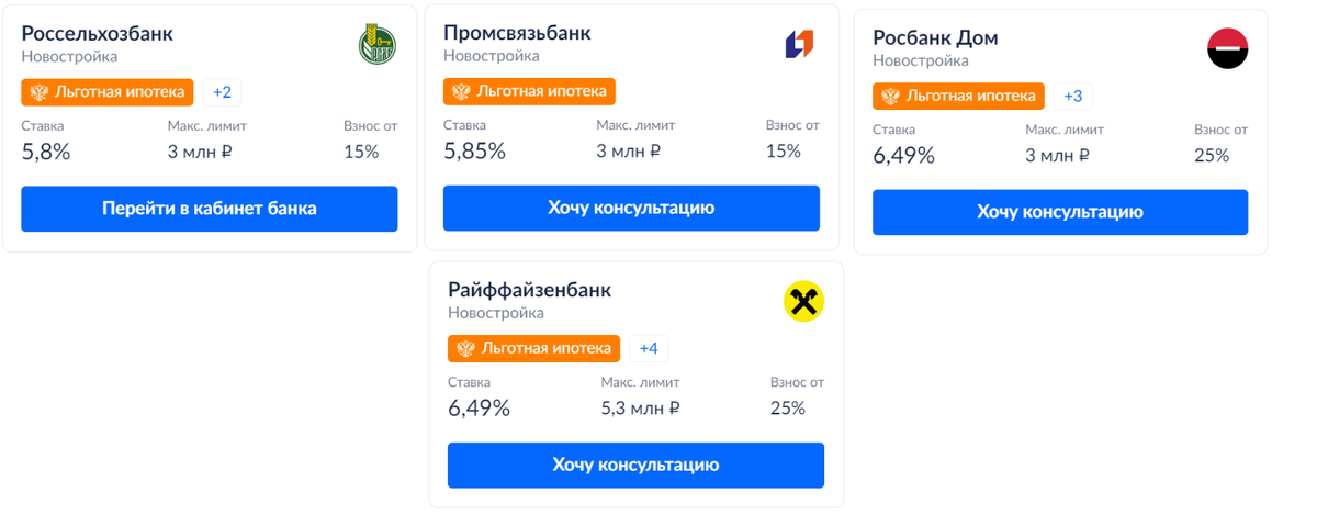 Четыре банка предложили льготную ипотеку
Содействие в подборе финансовых организаций. Финансовые услуги оказывают Банк ВТБ (ПАО), ПAO «Промсвязьбанк», Банк ГПБ (АО) и другие организации 