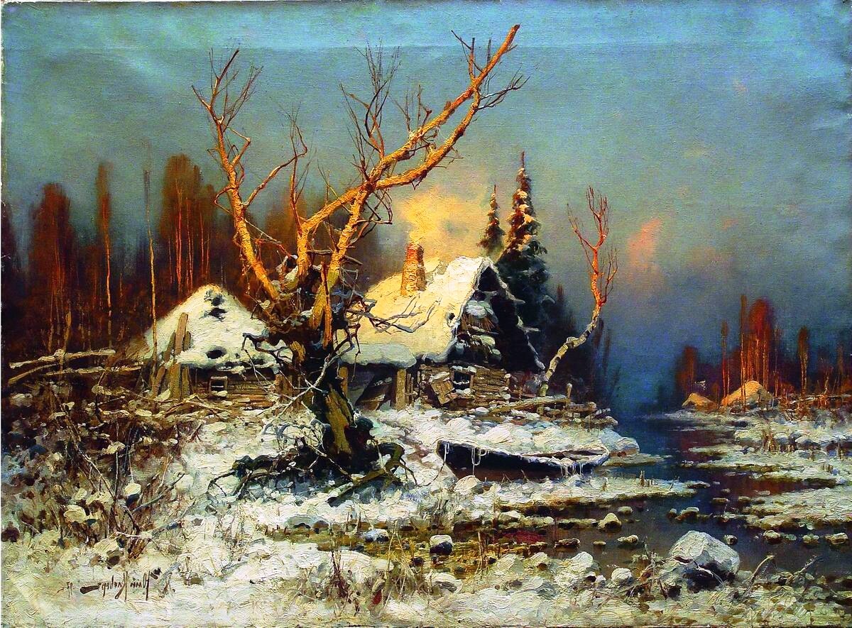 "Зимний пейзаж с избушкой", 1897