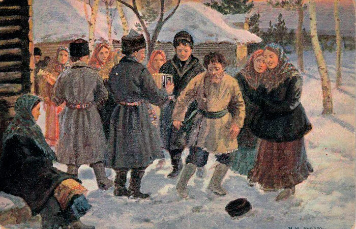 Дореволюционная открытка «Касьянов день. Подгулял», художник  И. М. Львов