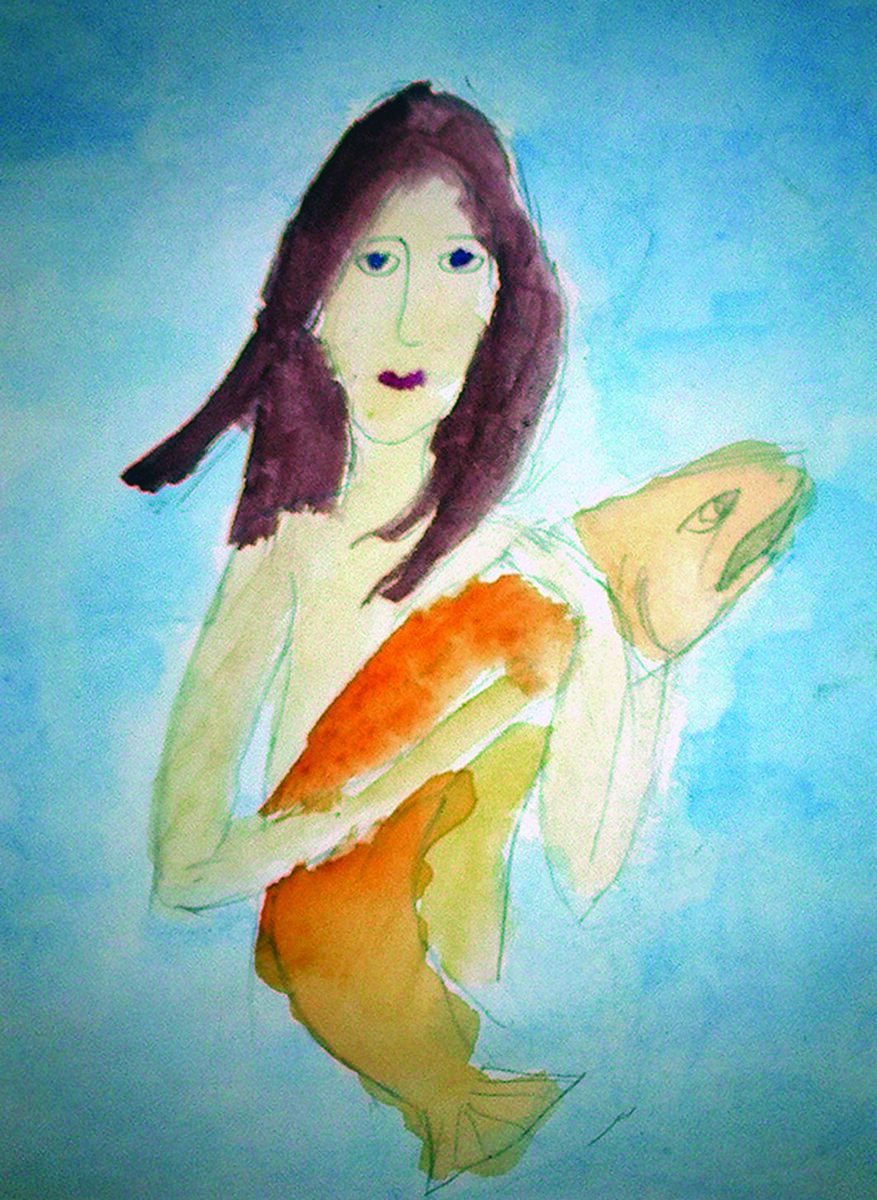 Когда Максиму было лет 8, он увидел в инете иллюстрацию, девочку с рыбой (рыба - символ Христа) и сказал, что это моя душа. Вот так нарисовал. Внешнего сходства нет, но многие угадывают меня))).