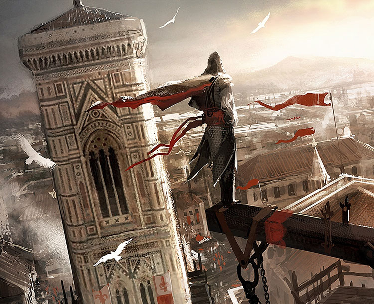 ГЛАВНЫЙ ГЕРОЙ ASSASINS CREED 2 НА ФОНЕ БАШНИ